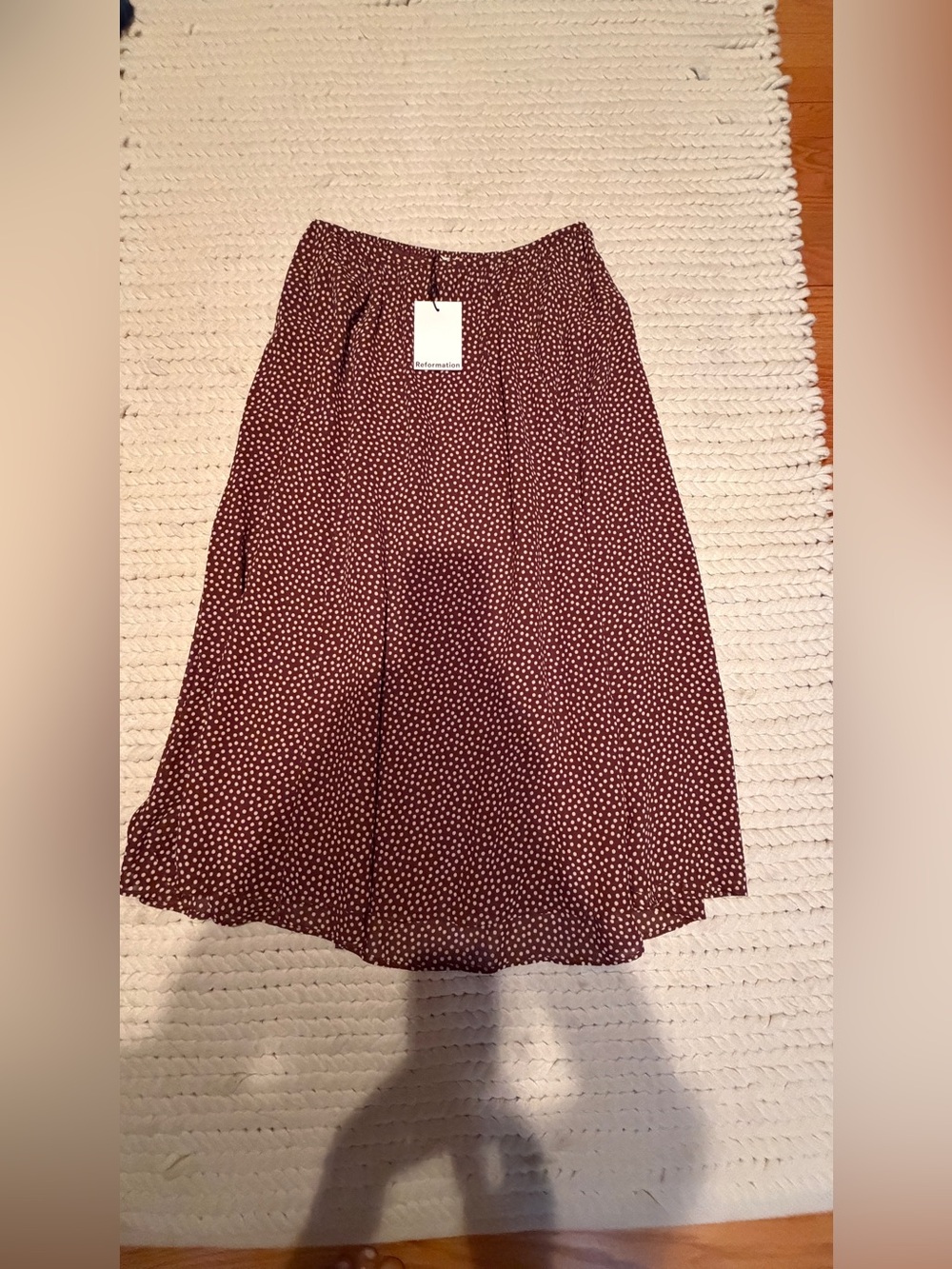 Reformation Rust Midi Skirt with White Polka Dots